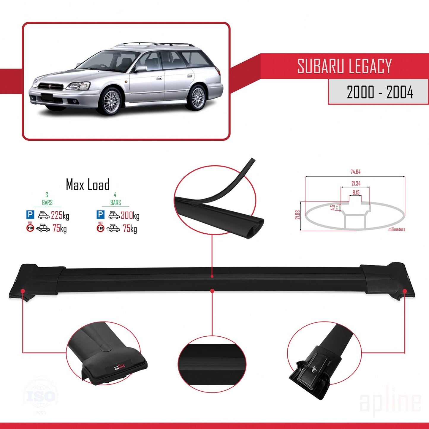 Compatible avec Subaru Legacy 3 (BE) 2000-2004 FLY Model Barres de Toit Railing Porte-Bagages de Voiture Noir Aluminium 3 Barres