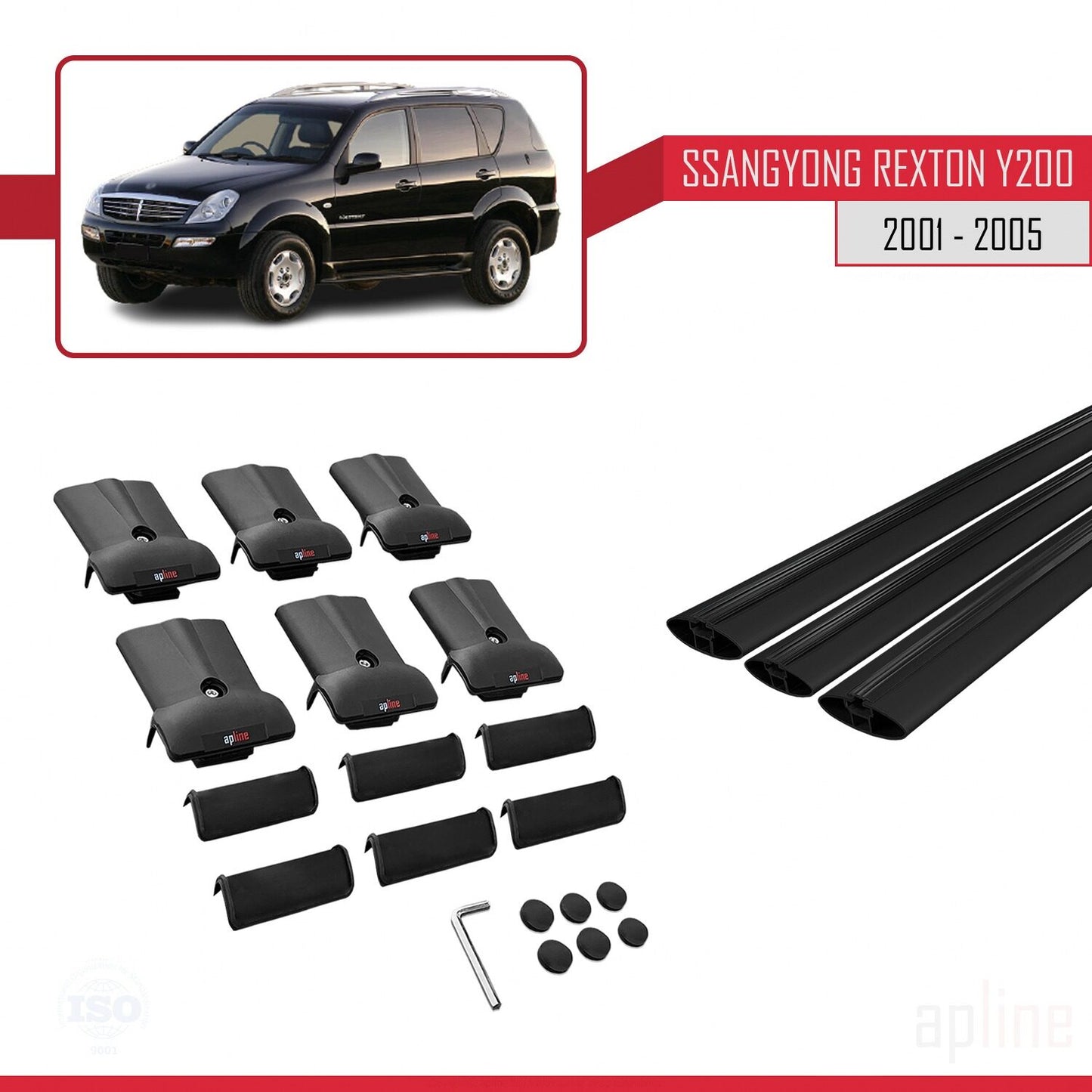Compatible avec Ssangyong Rexton (Y200) 2001-2005 FLY Model Barres de Toit Railing Porte-Bagages de Voiture Noir Aluminium 3 Barres