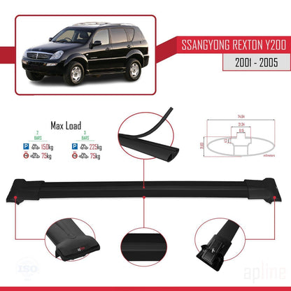 Compatible avec Ssangyong Rexton (Y200) 2001-2005 FLY Model Barres de Toit Railing Porte-Bagages de Voiture Noir Aluminium 2 Barres