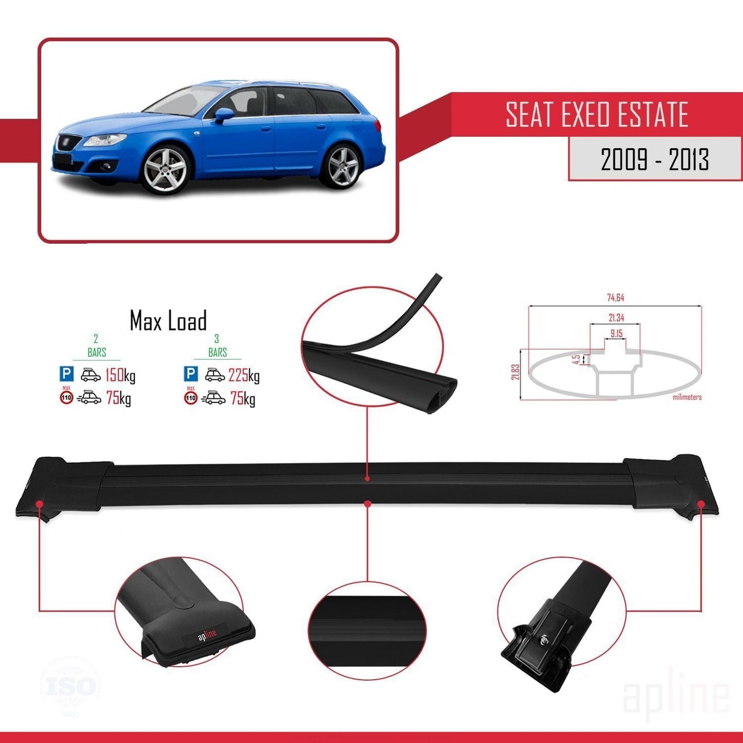 Compatible with Seat Exeo (3R9) ST 2009-2013 FLY Model Car Roof Rack Cross Bar Black Aluminium 2 Bars