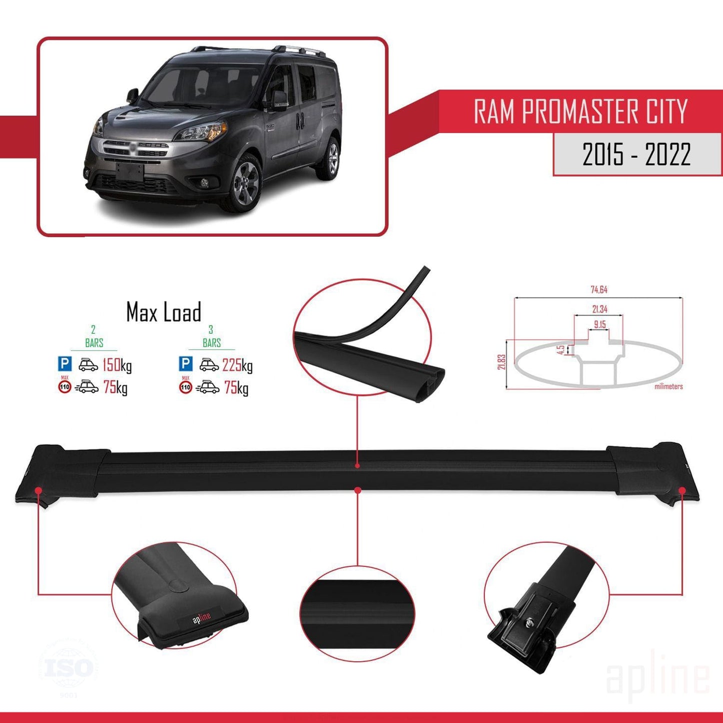 Compatible with Ram Promaster City (636) 2015-2022 FLY Model Car Roof Rack Cross Bar Black Aluminium 2 Bars