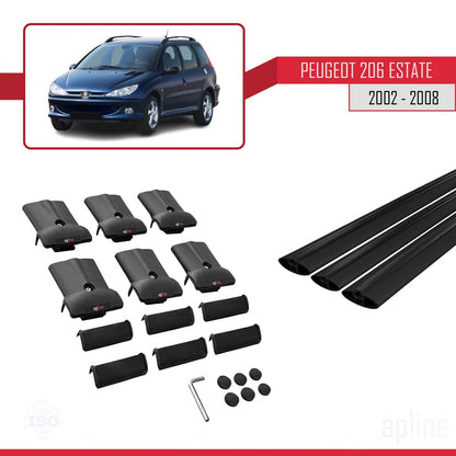 Compatible avec Peugeot 206 Break 2002-2008 FLY Model Barres de Toit Railing Porte-Bagages de Voiture Noir Aluminium 3 Barres