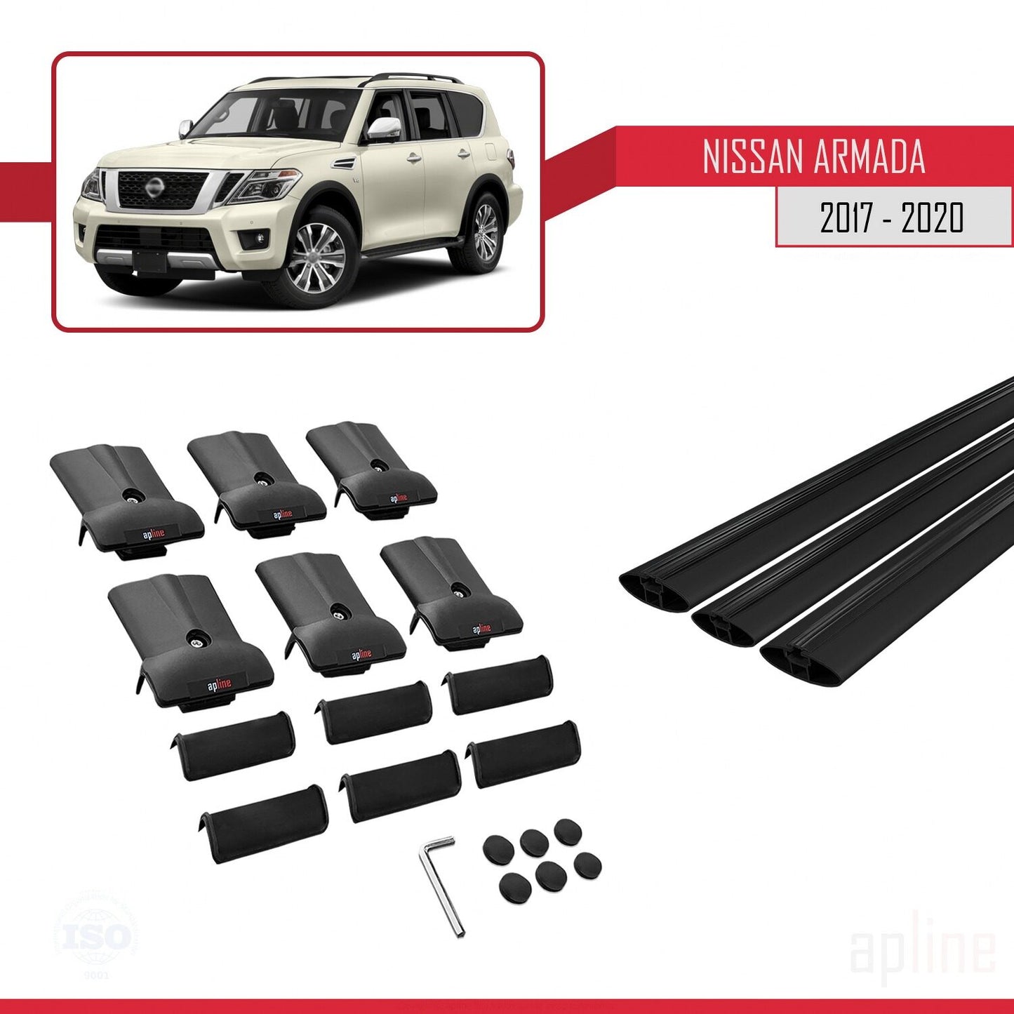 Compatible with Nissan Armada 2 (Y62) 2017-2020 FLY Model Car Roof Rack Cross Bar Black Aluminium 3 Bars