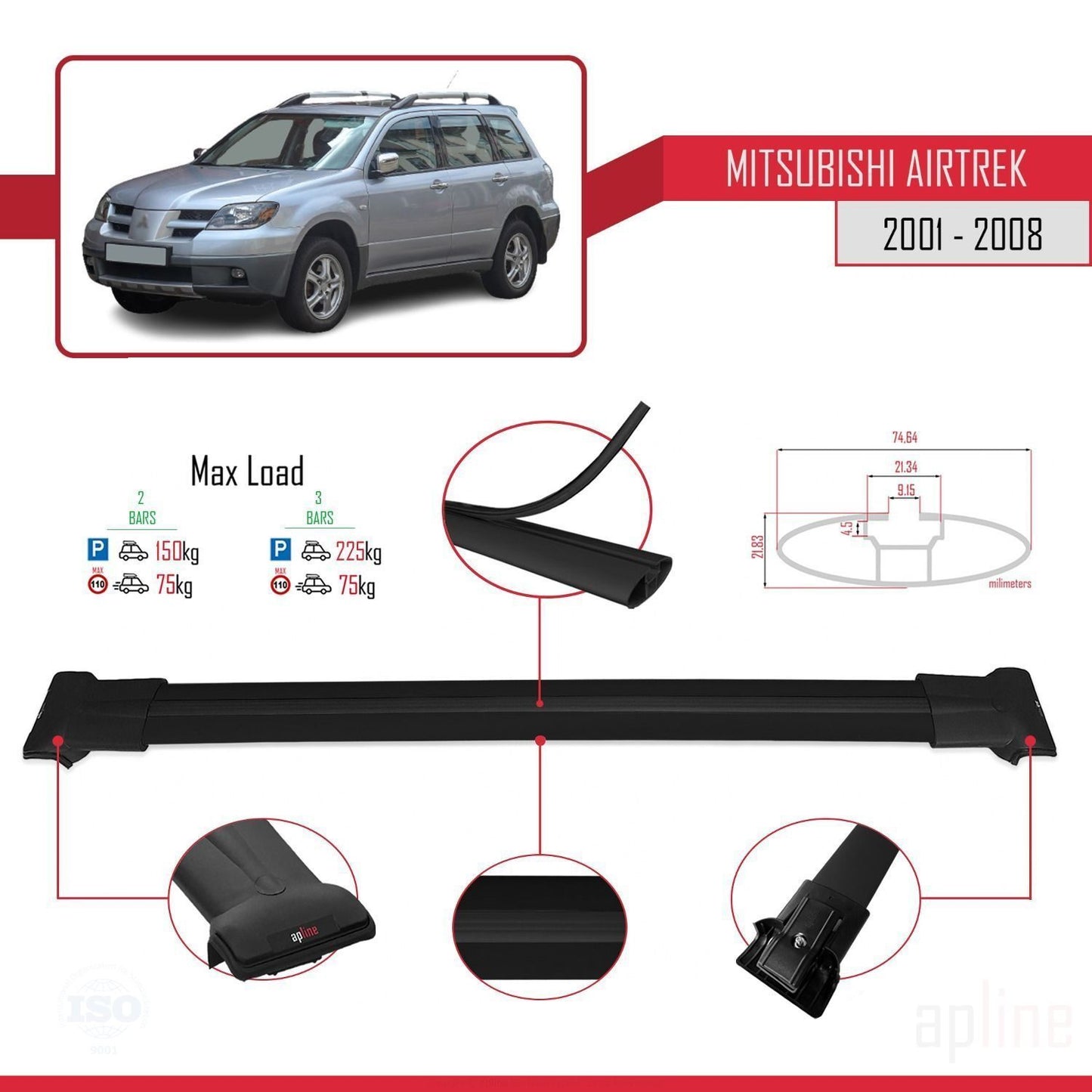 Compatible avec Mitsubishi Airtrek 2001-2008 FLY Model Barres de Toit Railing Porte-Bagages de Voiture Noir Aluminium 2 Barres
