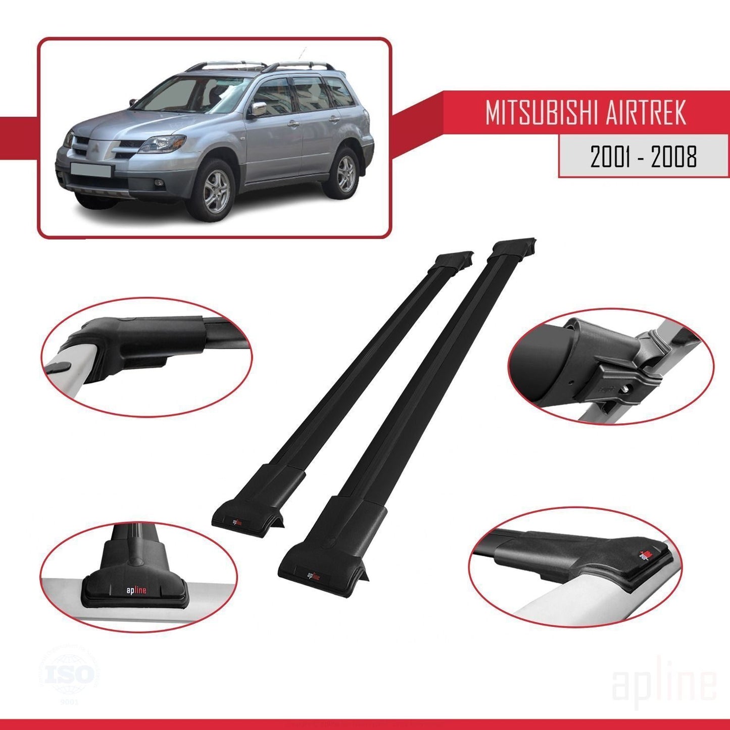 Compatible avec Mitsubishi Airtrek 2001-2008 FLY Model Barres de Toit Railing Porte-Bagages de Voiture Noir Aluminium 2 Barres