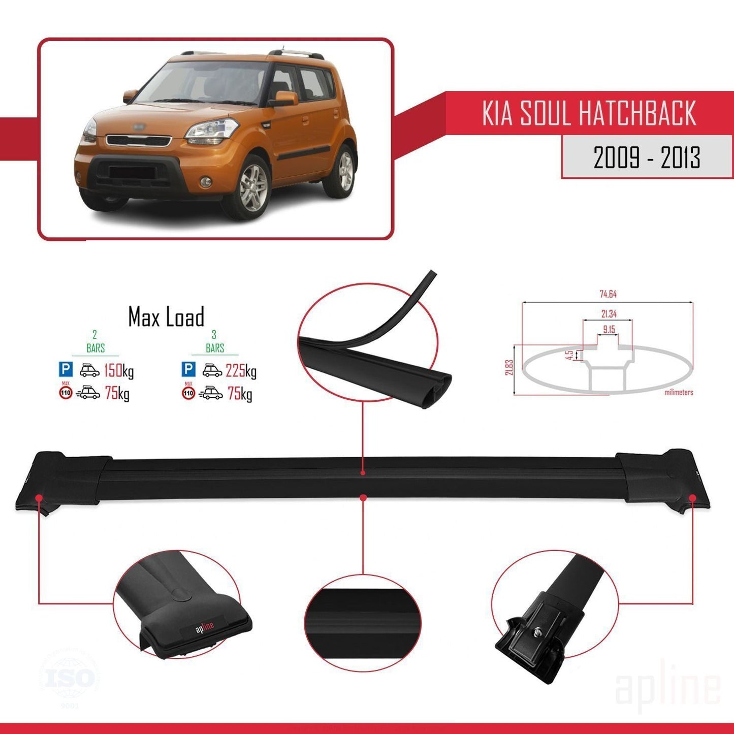 Compatible with Kia Soul (AM) HB 2009-2013 FLY Model Car Roof Rack Cross Bar Black Aluminium 2 Bars