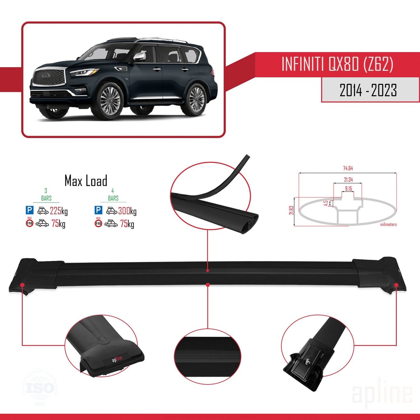 Compatible avec Infiniti QX80 (Z62) 2014-2023 FLY Model Barres de Toit Railing Porte-Bagages de Voiture Noir Aluminium 3 Barres