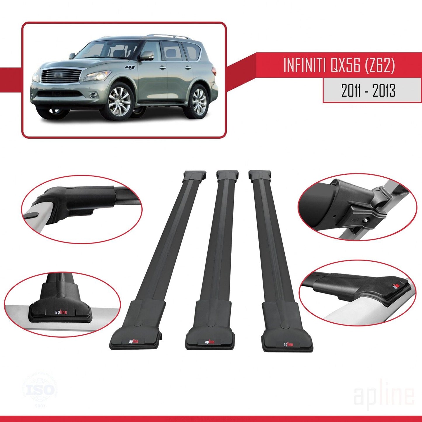 Compatible with IInfiniti QX56 (Z62) 2011-2013 FLY Model Car Roof Rack Cross Bar Black Aluminium 3 Bars