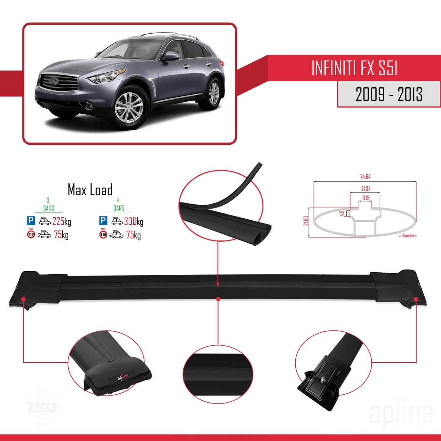 Compatible with Infiniti FX 2 (S51) 2009-2013 FLY Model Car Roof Rack Cross Bar Black Aluminium 3 Bars
