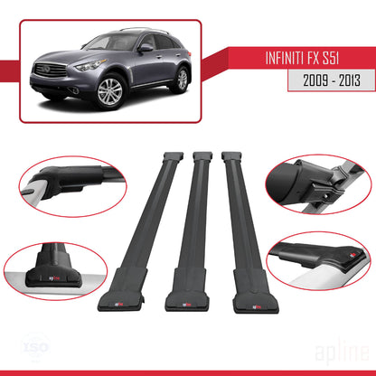 Compatible with Infiniti FX 2 (S51) 2009-2013 FLY Model Car Roof Rack Cross Bar Black Aluminium 3 Bars