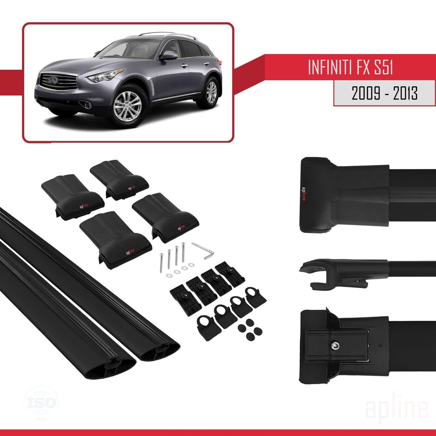 Compatible avec Infiniti FX 2 (S51) 2009-2013 FLY Model Barres de Toit Railing Porte-Bagages de Voiture Noir Aluminium 2 Barres