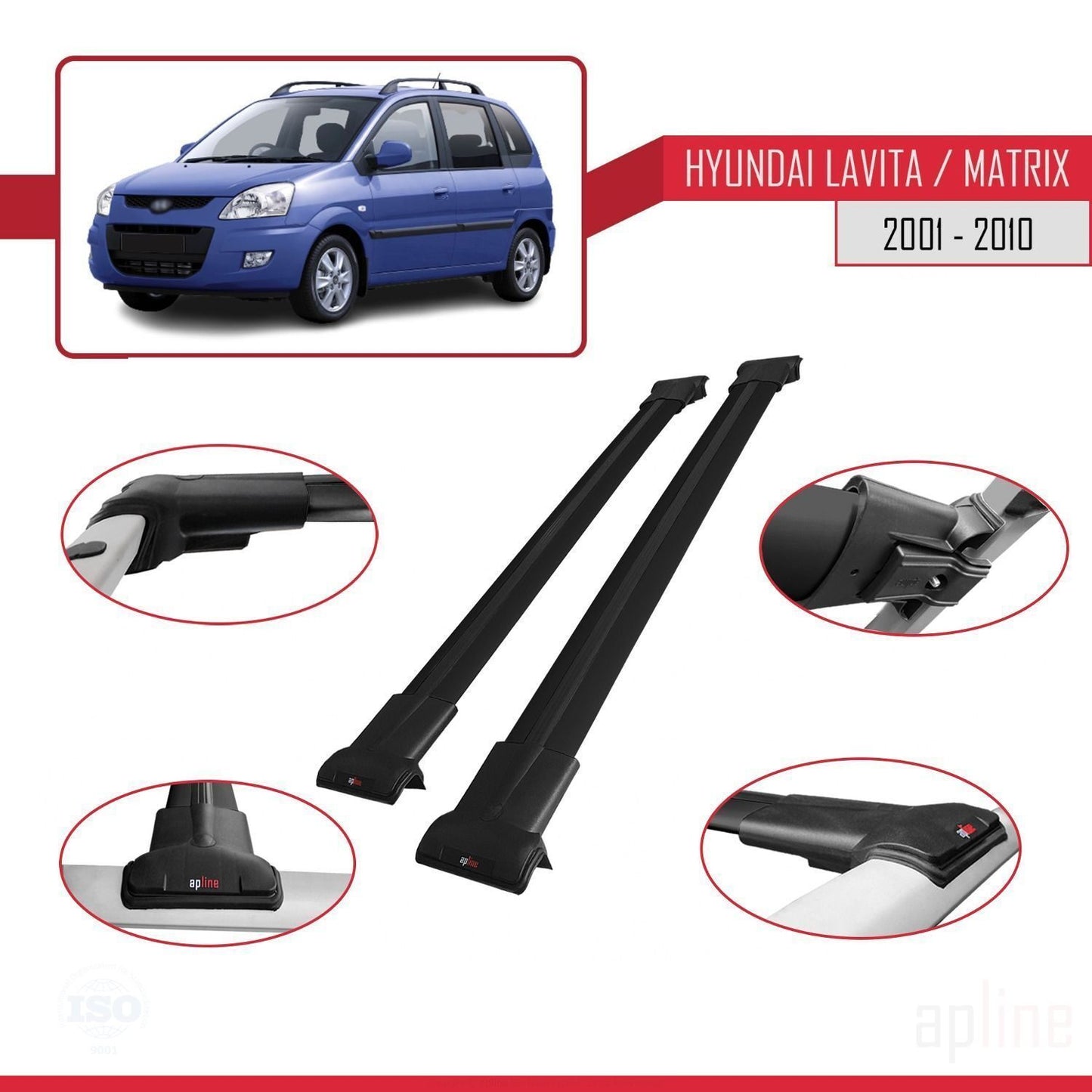 Compatible avec Hyundai Matrix (FC) 2001-2010 FLY Model Barres de Toit Railing Porte-Bagages de Voiture Noir Aluminium 2 Barres
