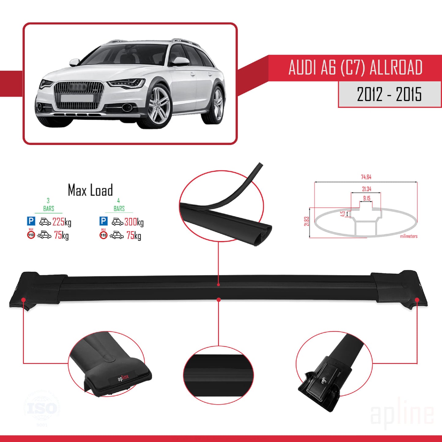 Compatible avec A6 (C7) Allroad 2012-2015 FLY Model Barres de Toit Railing Porte-Bagages de Voiture Noir Aluminium 3 Barres