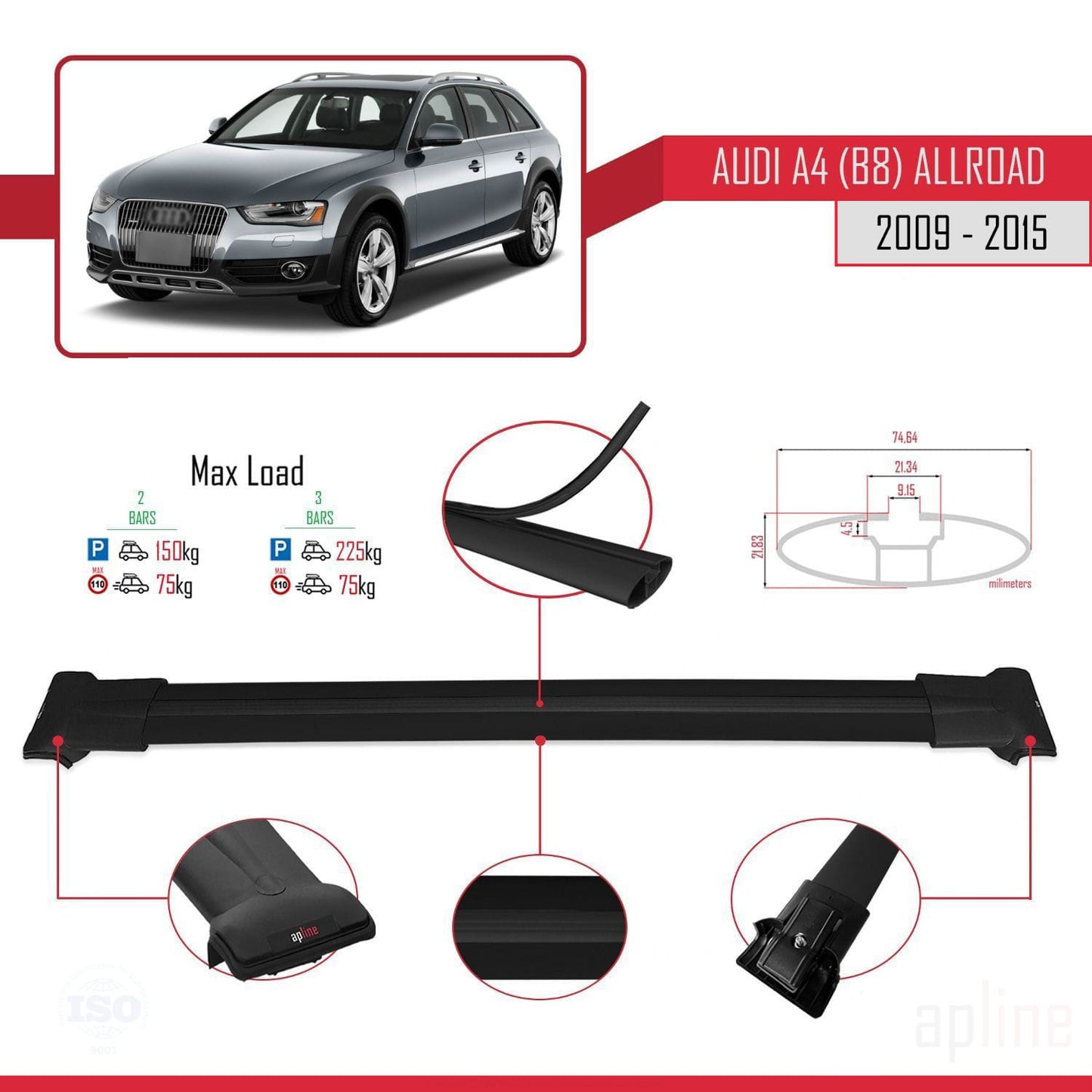 Compatible avec A4 (B8) Allroad 2009-2015 FLY Model Barres de Toit Railing Porte-Bagages de Voiture Noir Aluminium 2 Barres