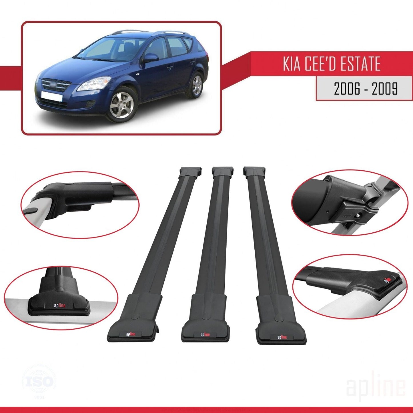 Compatible avec Kia Ceed (ED) Break Pre-Facelift 2006-2009 FLY Model Barres de Toit Railing Porte-Bagages de Voiture Noir Aluminium 3 Barres