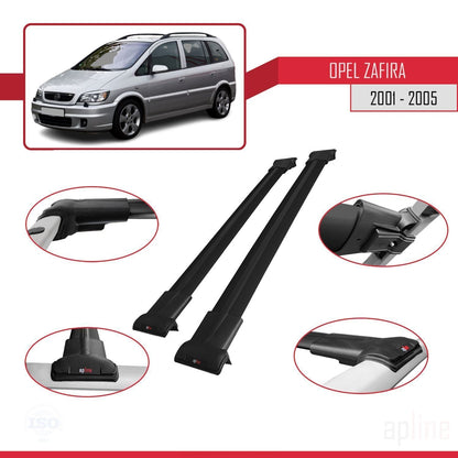Compatible avec Opel Zafira A (T98) 2001-2005 FLY Model Barres de Toit Railing Porte-Bagages de Voiture Noir Aluminium 2 Barres