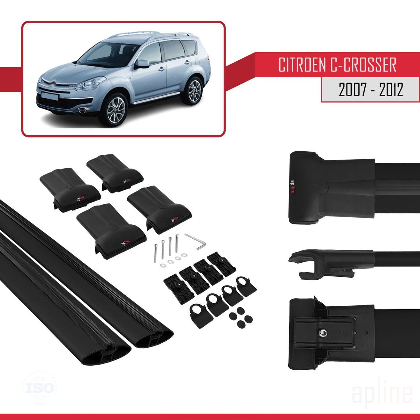 Compatible avec Citroen C-Crosser 2007-2012 FLY Model Barres de Toit Railing Porte-Bagages de Voiture Noir Aluminium 2 Barres