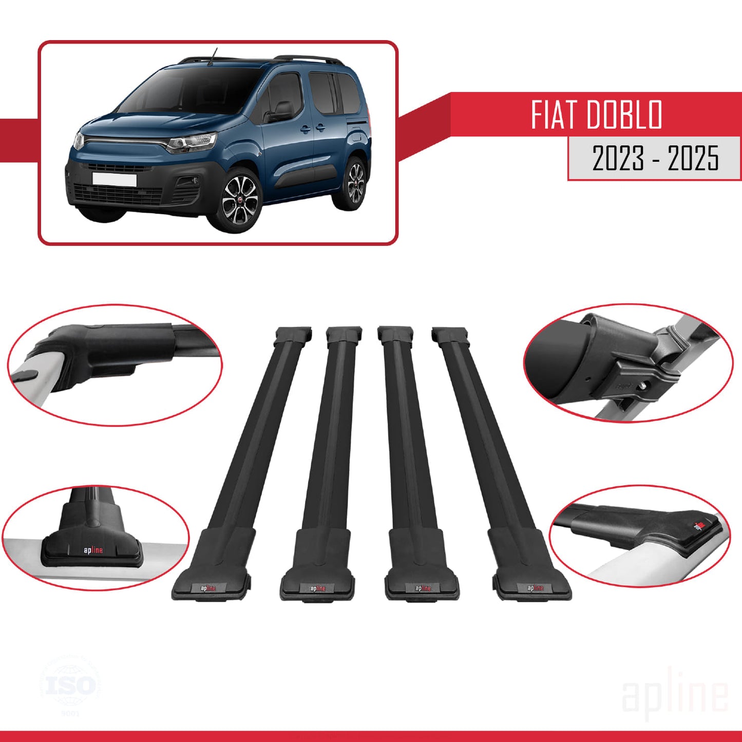 Compatible avec Fiat Doblo 3 2023-2025 FLY Model Barres de Toit Railing Porte-Bagages de Voiture Noir Aluminium 4 Barres