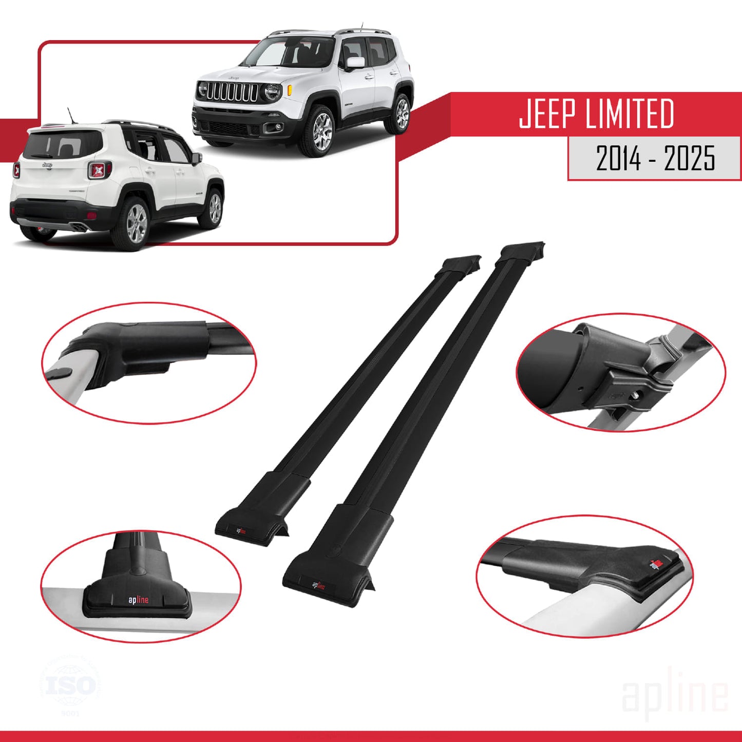 Compatible avec Jeep Limited 2014-2025 FLY Model Barres de Toit Railing Porte-Bagages de Voiture Noir Aluminium 2 Barres