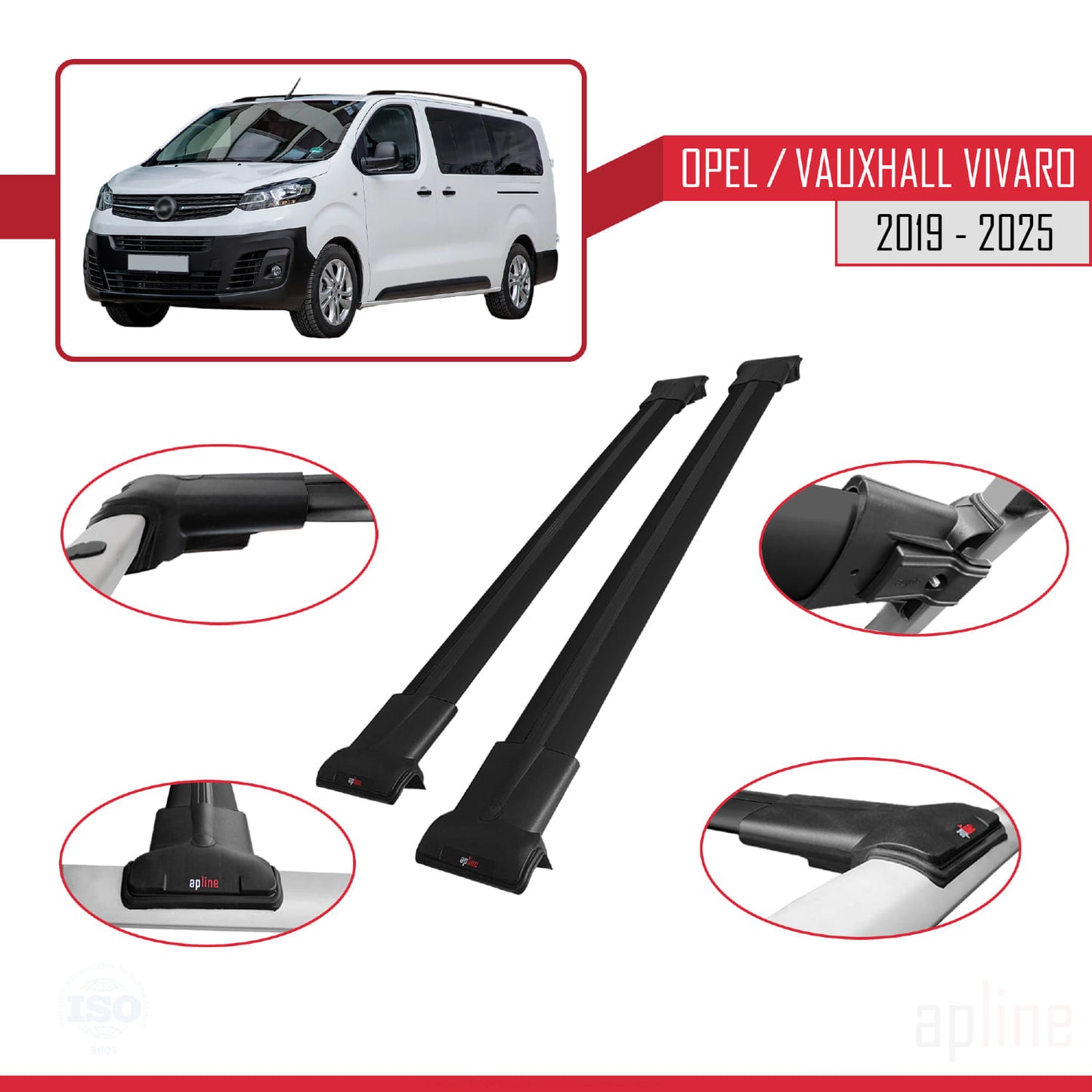 Compatible avec Opel Vivaro C 2019-2025 FLY Model Barres de Toit Railing Porte-Bagages de Voiture Noir Aluminium 2 Barres