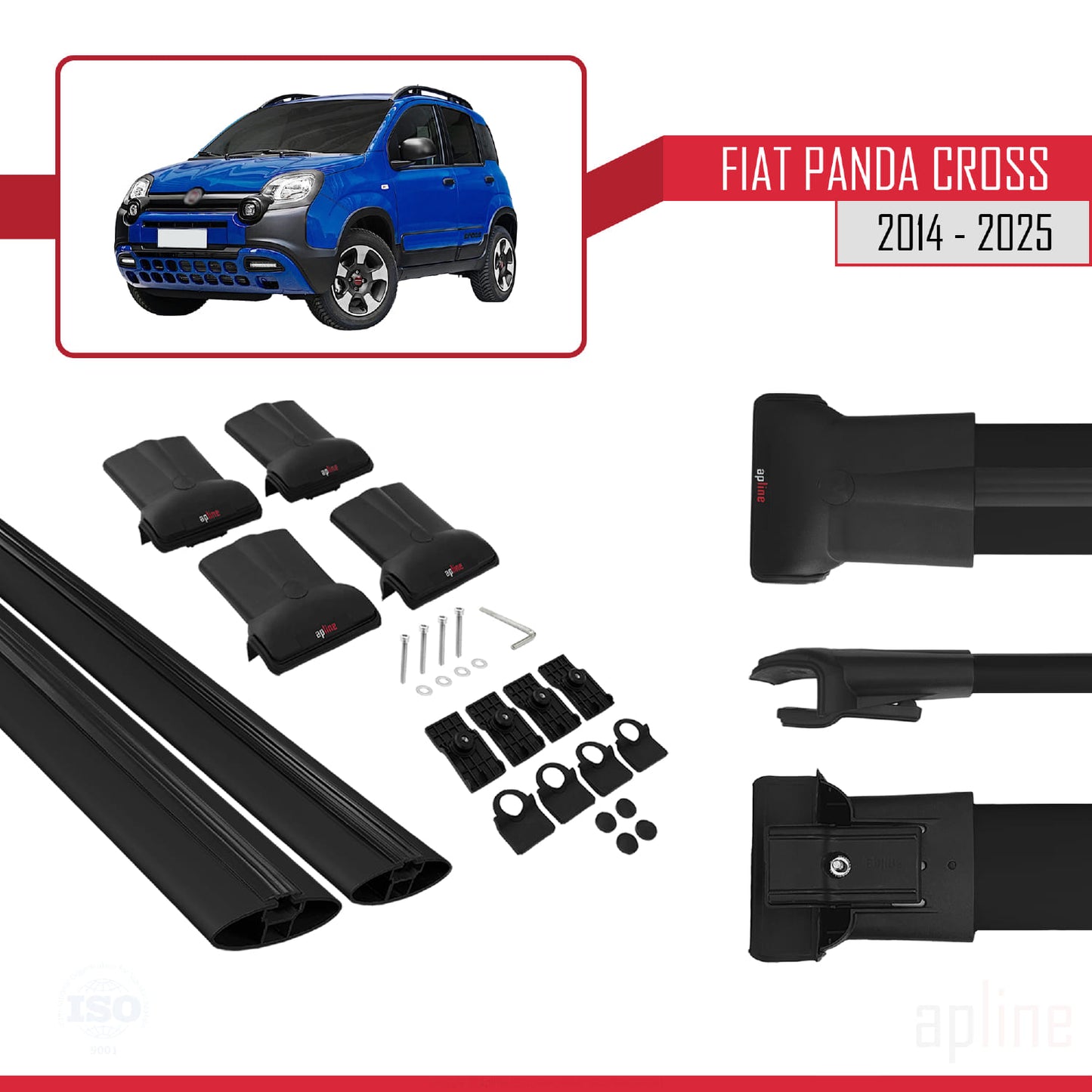 Compatible avec Fiat Panda Cross 2014-2025 FLY Model Barres de Toit Railing Porte-Bagages de Voiture Noir Aluminium 2 Barres