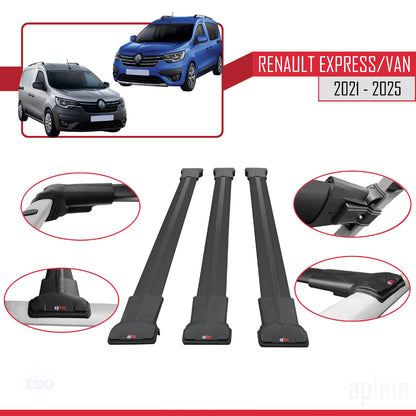 Compatible avec Renault Express 2021-2025 FLY Model Barres de Toit Railing Porte-Bagages de Voiture Noir Aluminium 3 Barres
