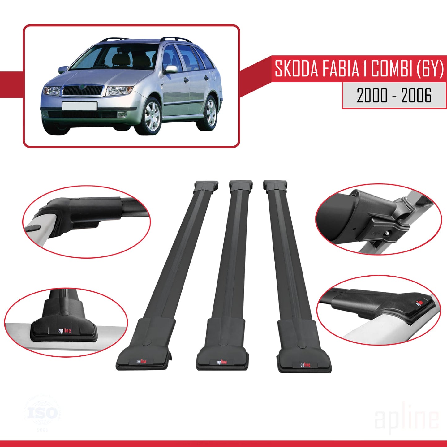 Compatible with Skoda Fabia (6Y) SW 2000-2006 FLY Model Car Roof Rack Cross Bar Black Aluminium 3 Bars