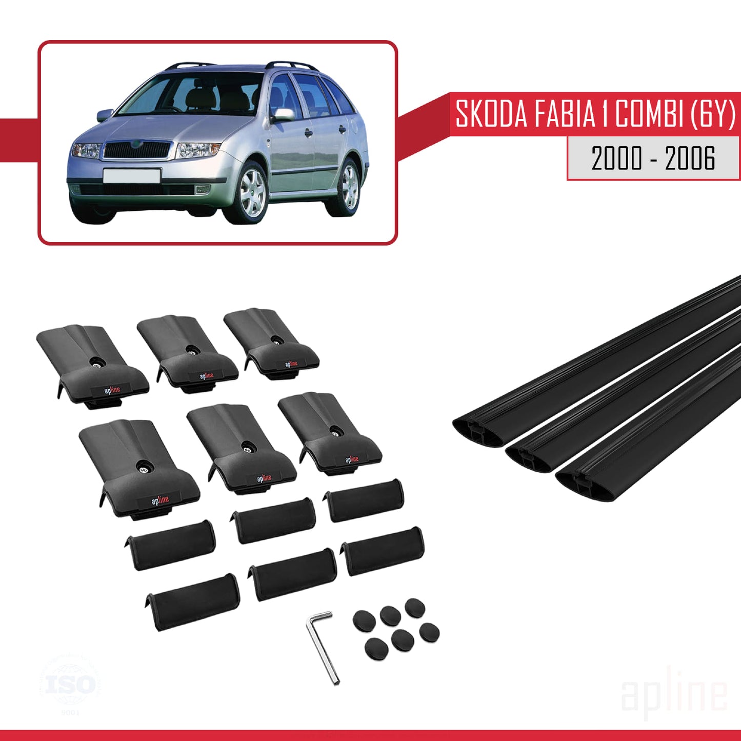 Compatible with Skoda Fabia (6Y) SW 2000-2006 FLY Model Car Roof Rack Cross Bar Black Aluminium 3 Bars