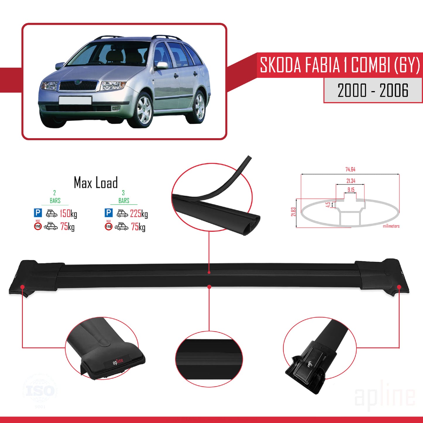 Compatible with Skoda Fabia (6Y) SW 2000-2006 FLY Model Car Roof Rack Cross Bar Black Aluminium 2 Bars