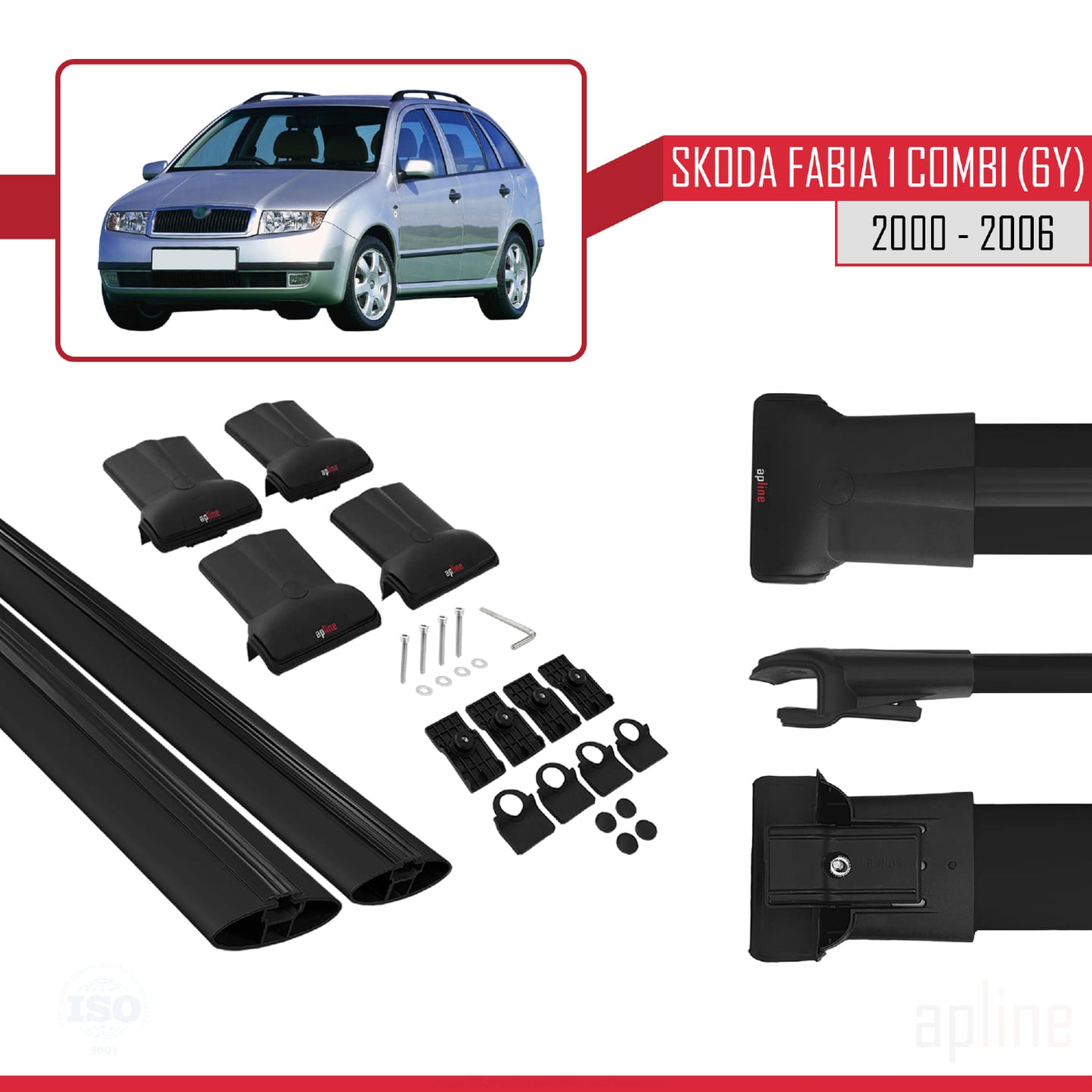Compatible with Skoda Fabia (6Y) SW 2000-2006 FLY Model Car Roof Rack Cross Bar Black Aluminium 2 Bars