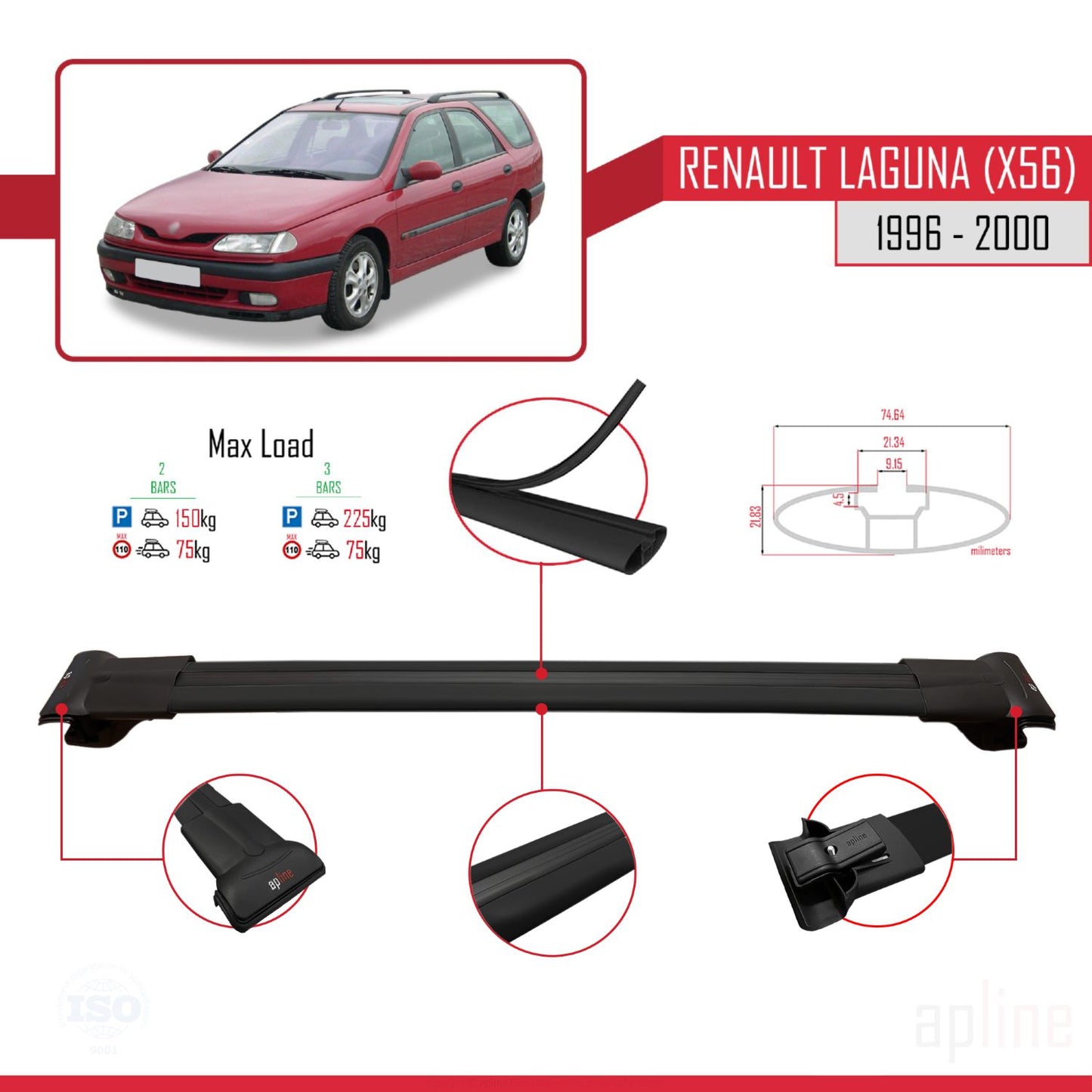 Compatible avec Renault Laguna (X56) 1996-200 FLY Model Barres de Toit Railing Porte-Bagages de Voiture Noir Aluminium 2 Barres