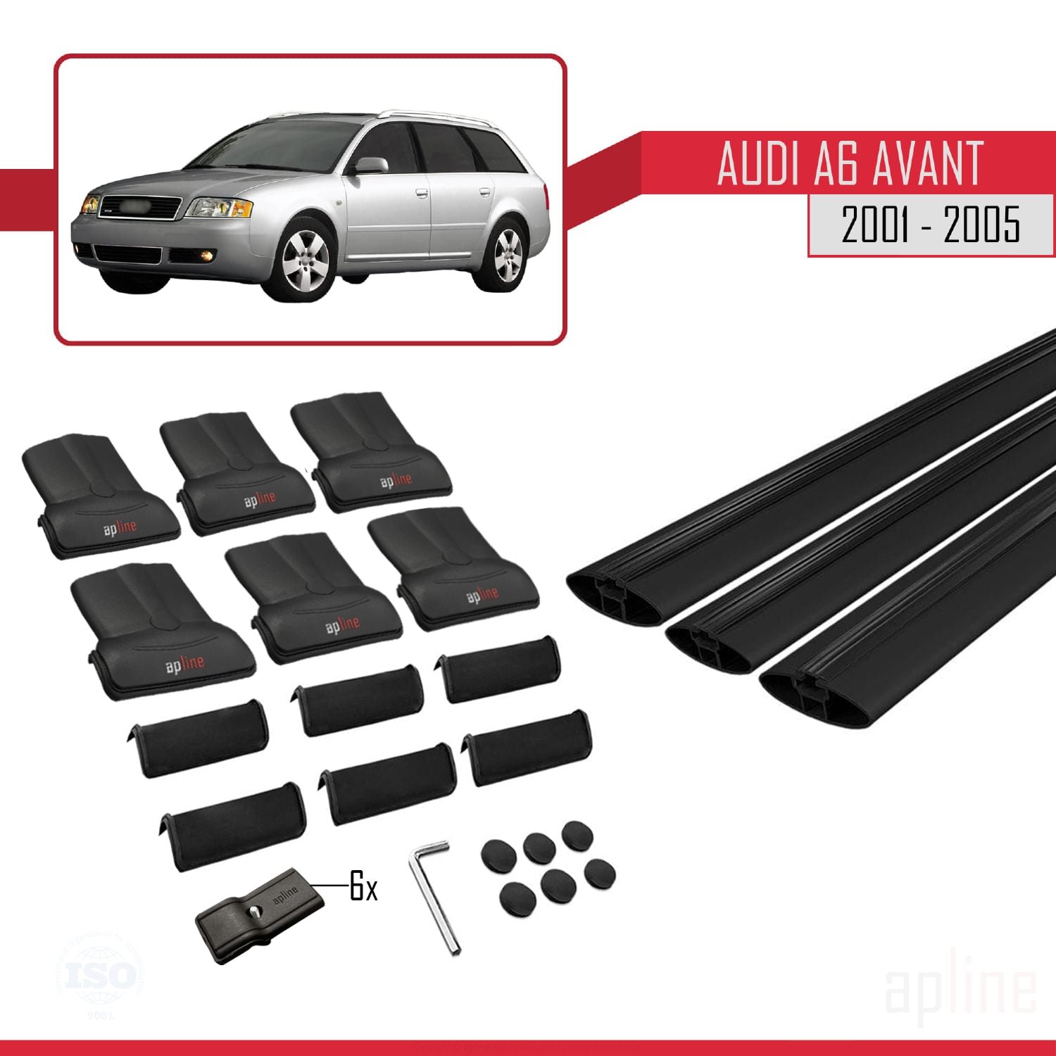 Compatible avec Audi A6 Avant 2001-2005 FLY Model Barres de Toit Railing Porte-Bagages de Voiture Noir Aluminium 3 Barres