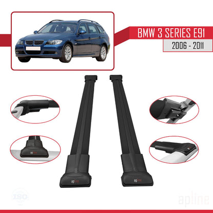 Compatible avec BMW 3 Series E91 Touring 2006-2011 FLY Model Barres de Toit Railing Porte-Bagages de Voiture Noir Aluminium 2 Barres