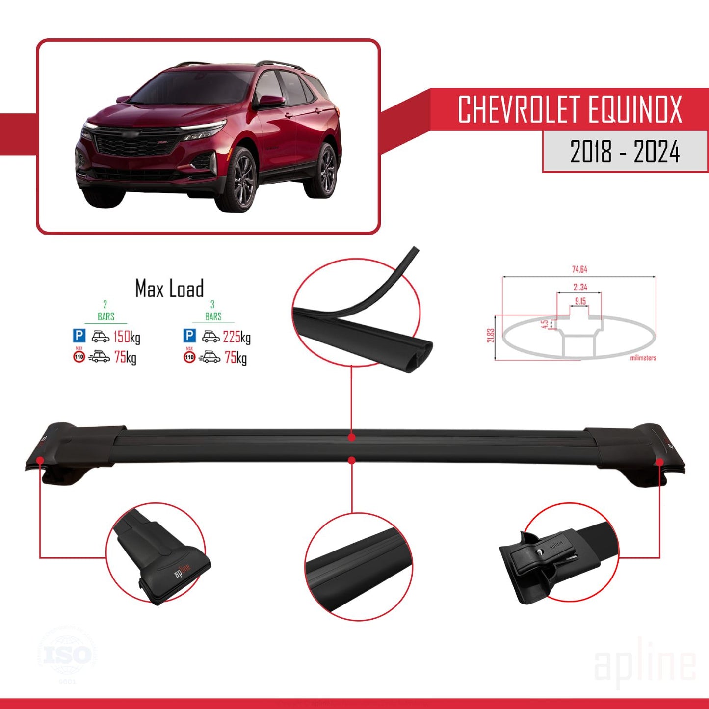 Compatible avec Chevrolet Equinox 2018-2024 FLY Model Barres de Toit Railing Porte-Bagages de Voiture Noir Aluminium 2 Barres