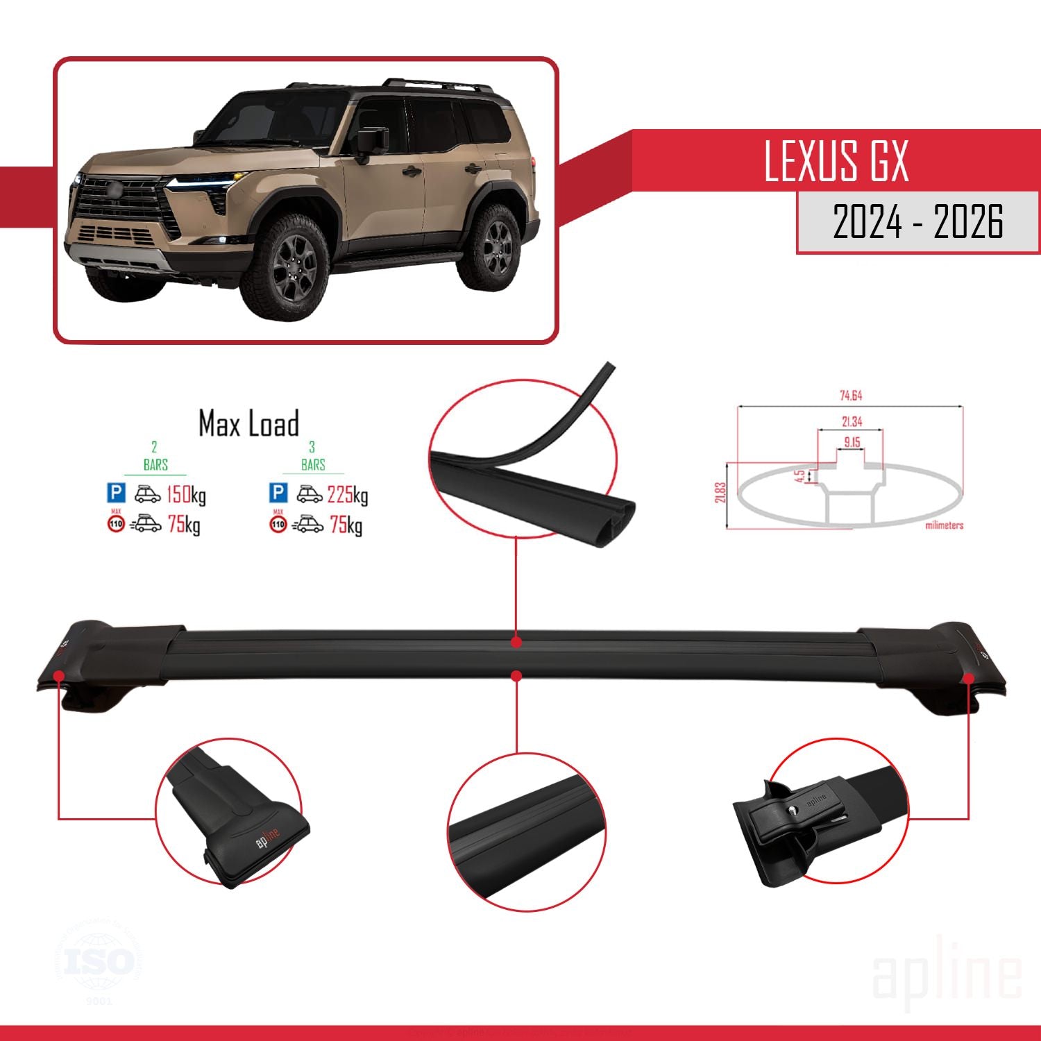 Compatible avec Lexus GX 2024-2025 FLY Model Barres de Toit Railing Porte-Bagages de Voiture Noir Aluminium 3 Barres