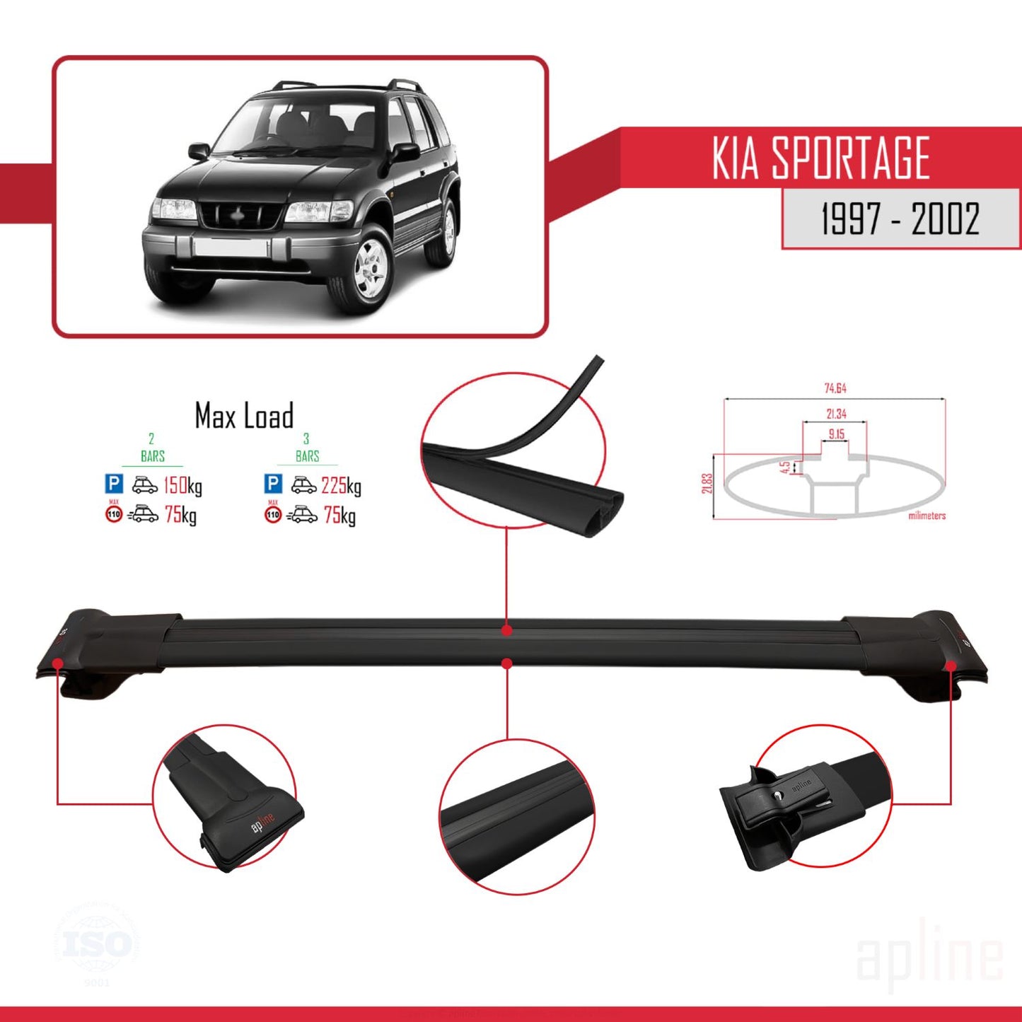 Compatible avec Kia Sportage 1997-2002 FLY Model Barres de Toit Railing Porte-Bagages de Voiture Noir Aluminium 3 Barres