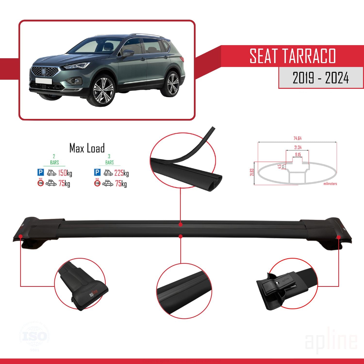 Compatible avec Seat Tarraco 2019-2024 FLY Model Barres de Toit Railing Porte-Bagages de Voiture Noir Aluminium 3 Barres