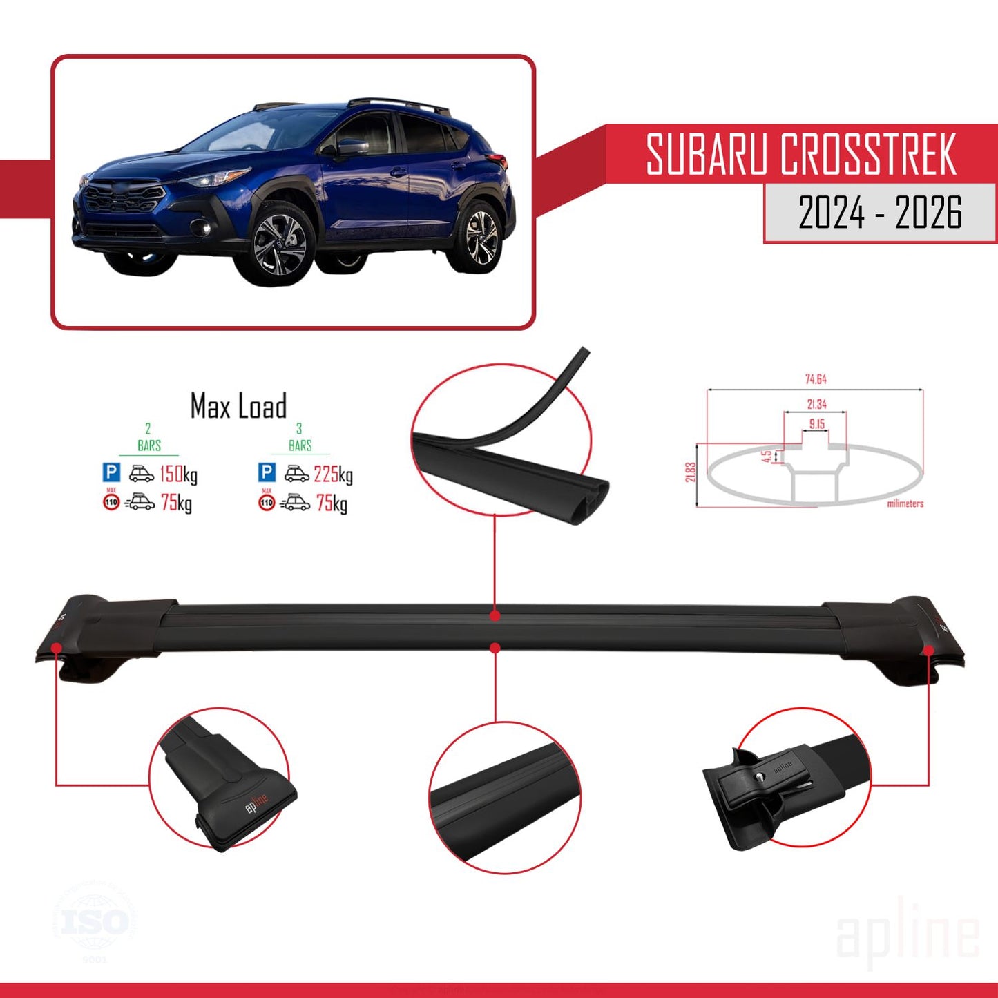 Compatible avec Subaru Crosstrek 2024-2025 FLY Model Barres de Toit Railing Porte-Bagages de Voiture Noir Aluminium 3 Barres