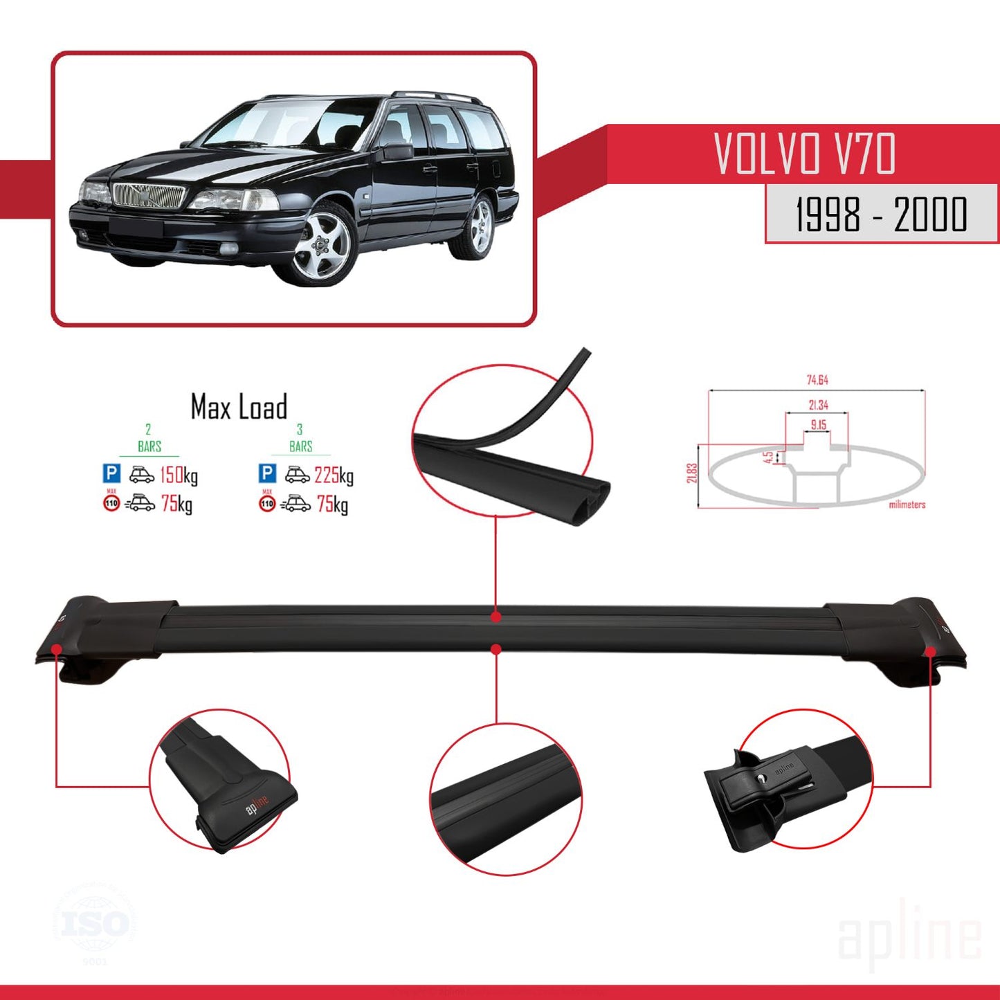 Compatible avec Volvo V70 1998-2000 FLY Model Barres de Toit Railing Porte-Bagages de Voiture Noir Aluminium 3 Barres