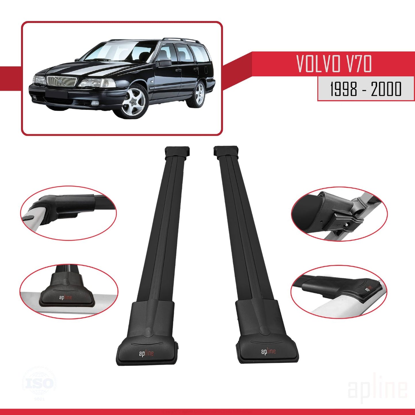 Compatible avec Volvo V70 1998-2000 FLY Model Barres de Toit Railing Porte-Bagages de Voiture Noir Aluminium 2 Barres