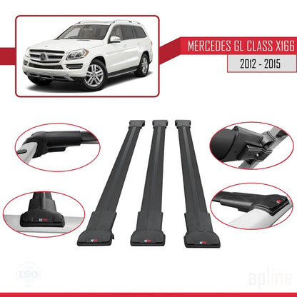 Compatible avec Mercedes Classe GL 2 (X166) Pre-Facelift 2013-2015 FLY Model Barres de Toit Railing Porte-Bagages de Voiture Noir Aluminium 3 Barres