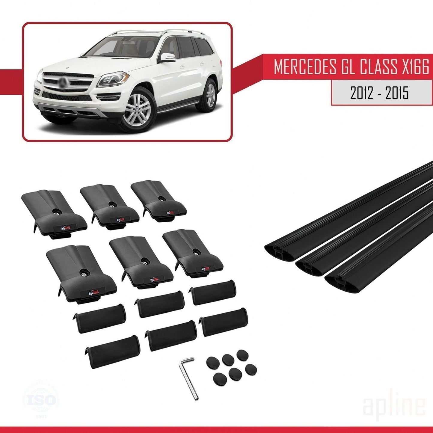 Compatible avec Mercedes Classe GL 2 (X166) Pre-Facelift 2013-2015 FLY Model Barres de Toit Railing Porte-Bagages de Voiture Noir Aluminium 3 Barres