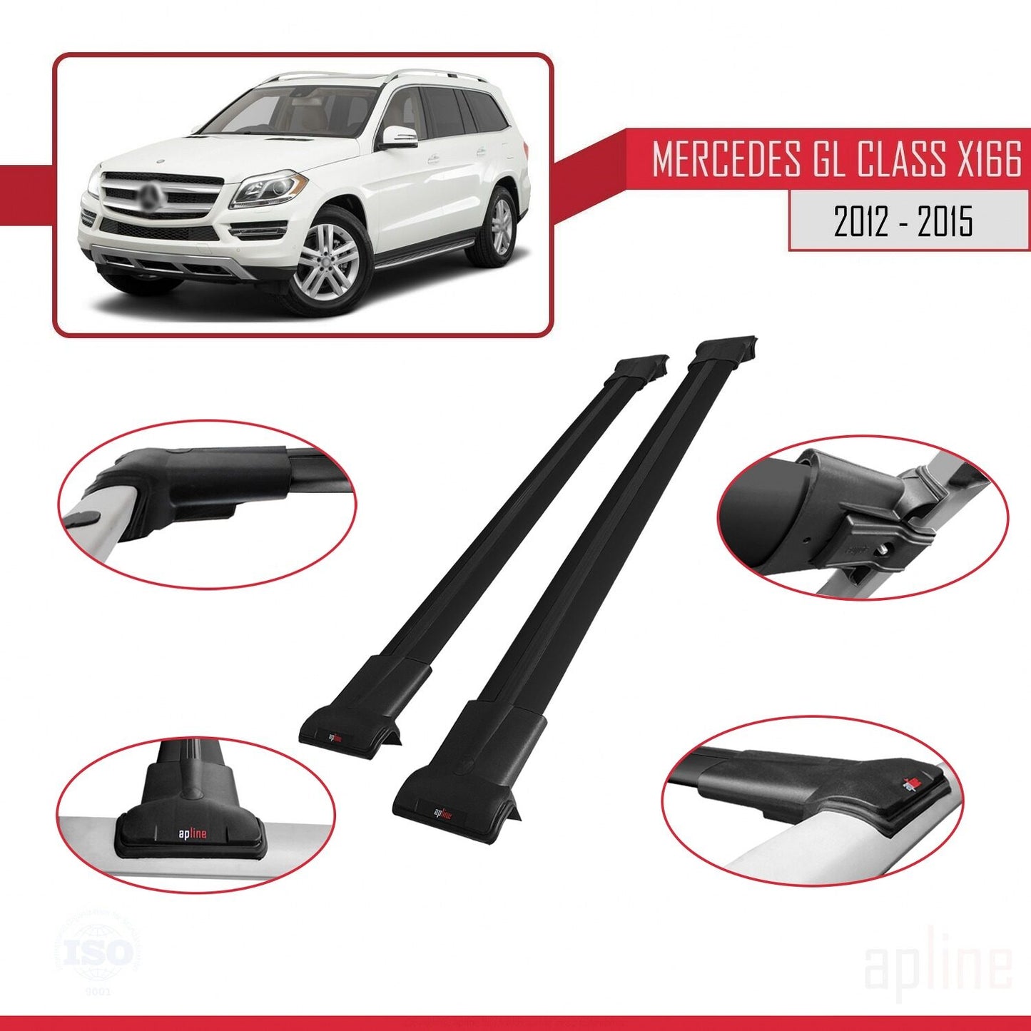 Compatible avec Mercedes Classe GL 2 (X166) Pre-Facelift 2013-2015 FLY Model Barres de Toit Railing Porte-Bagages de Voiture Noir Aluminium 2 Barres