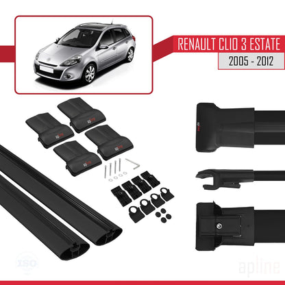 Compatible avec Renault Clio 3 Estate 2005-2012 FLY Model Barres de Toit Railing Porte-Bagages de Voiture Noir Aluminium 2 Barres