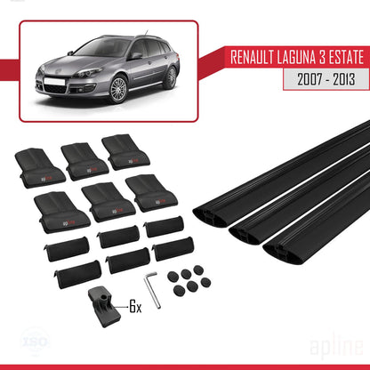 Compatible avec Renault Laguna 3 Estate 2007-2013 FLY Model Barres de Toit Railing Porte-Bagages de Voiture Noir Aluminium 3 Barres