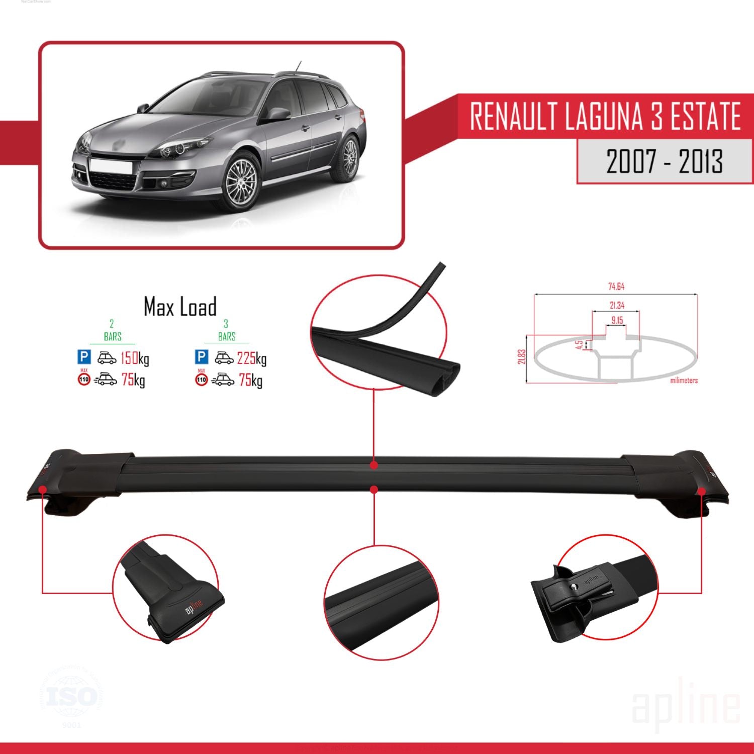 Compatible avec Renault Laguna 3 Estate 2007-2013 FLY Model Barres de Toit Railing Porte-Bagages de Voiture Noir Aluminium 2 Barres