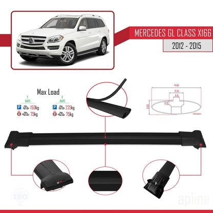 Compatible avec Mercedes Classe GL 2 (X166) Pre-Facelift 2013-2015 FLY Model Barres de Toit Railing Porte-Bagages de Voiture Noir Aluminium 2 Barres