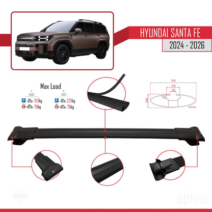 Compatible avec Hyundai Santa Fe 2024-2025 FLY Model Barres de Toit Railing Porte-Bagages de Voiture Noir Aluminium 2 Barres