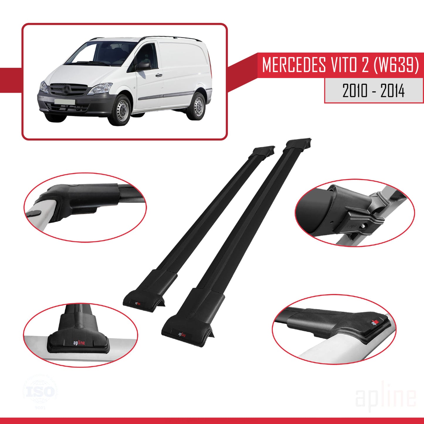 Compatible with Mercedes Vito 2 (W639) Post-Facelift 2010-2014 FLY Model Car Roof Rack Cross Bar Black Aluminium 2 Bars