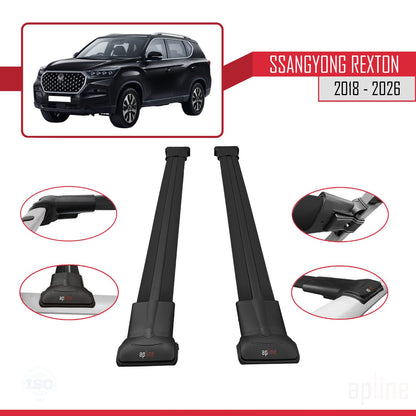 Compatible avec SsangYong Rexton 2018-2025 FLY Model Barres de Toit Railing Porte-Bagages de Voiture Noir Aluminium 2 Barres